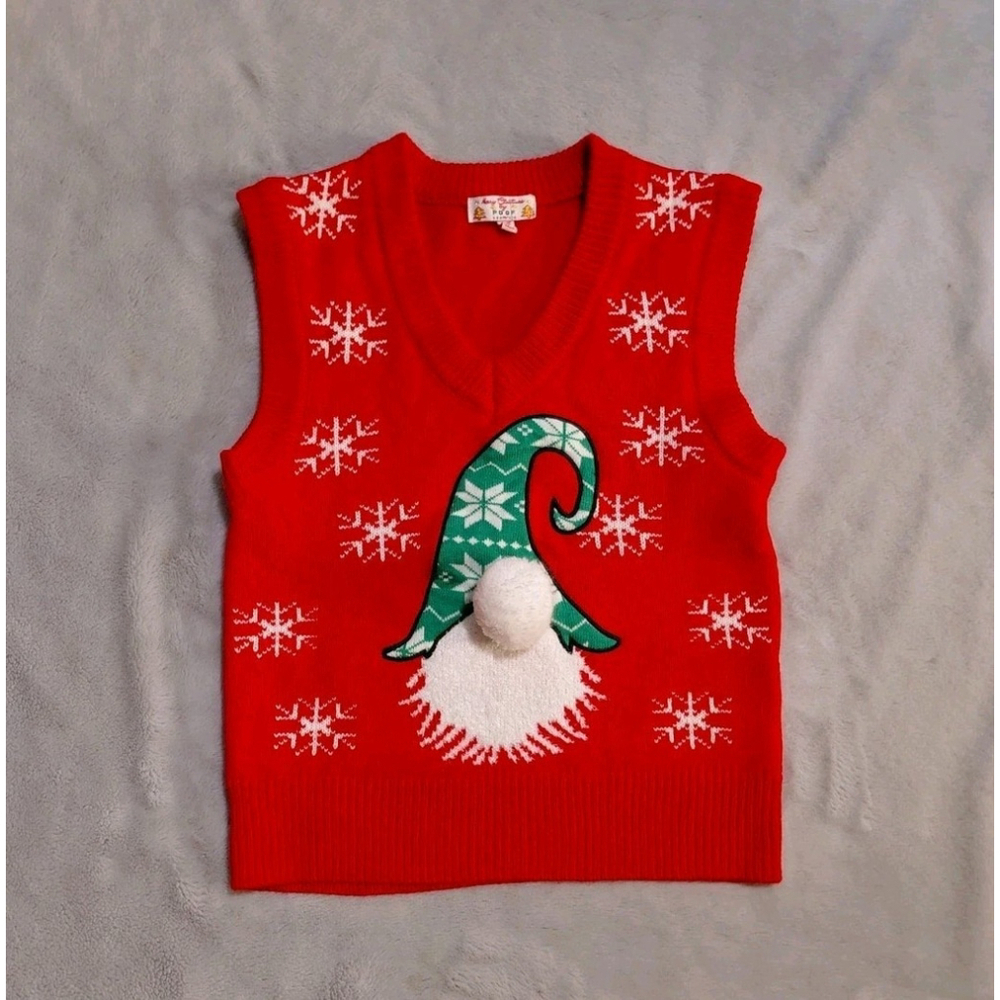Merry Christmas by Poof NY Red Christmas Holiday Gnome Sweater Pom Pom Vest XS - Picture 4 of 8